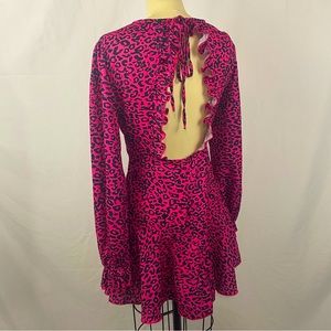 Neon Pink Leopard Animal Print Ruffled Cut Out Dress Small Medium